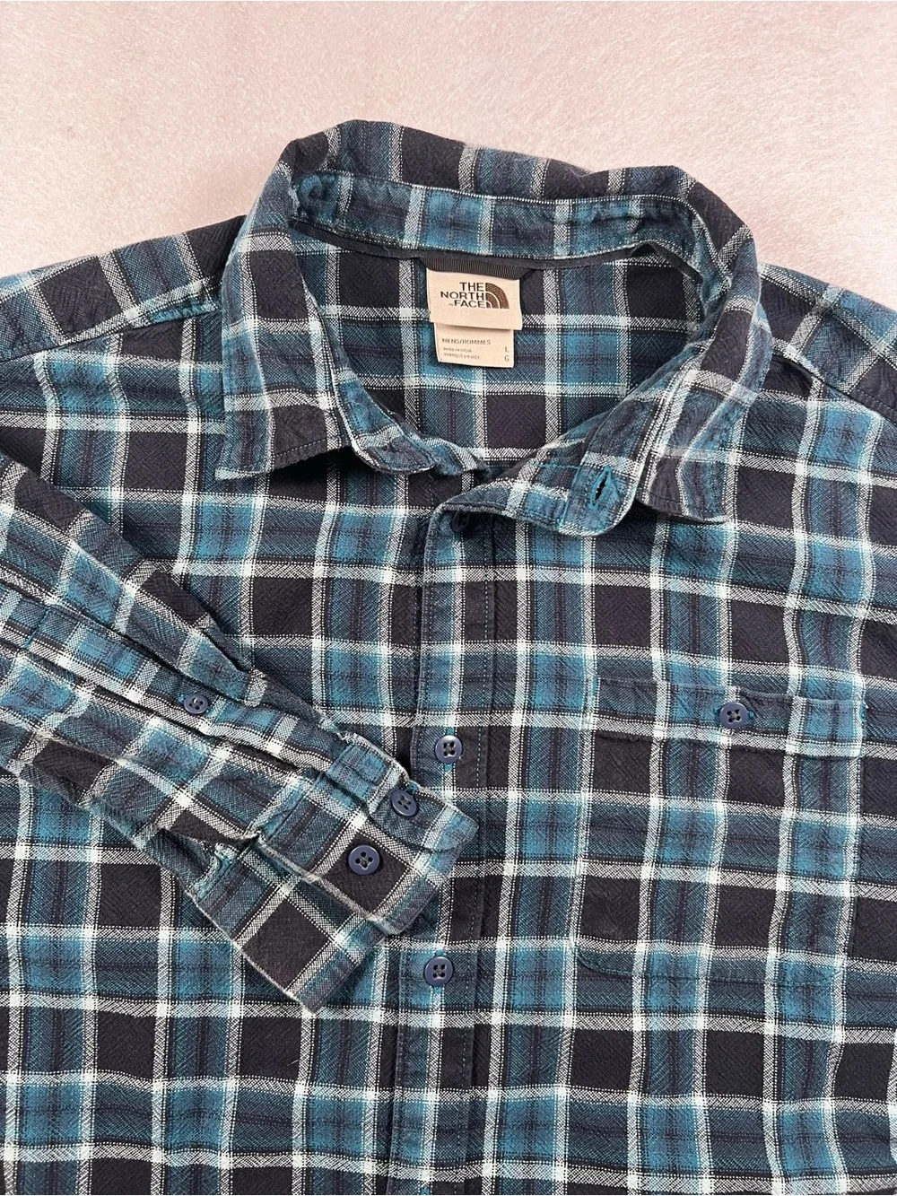 The North Face Men’s Large Blue Plaid Flannel Shirt Button Down Outdoor Hiking